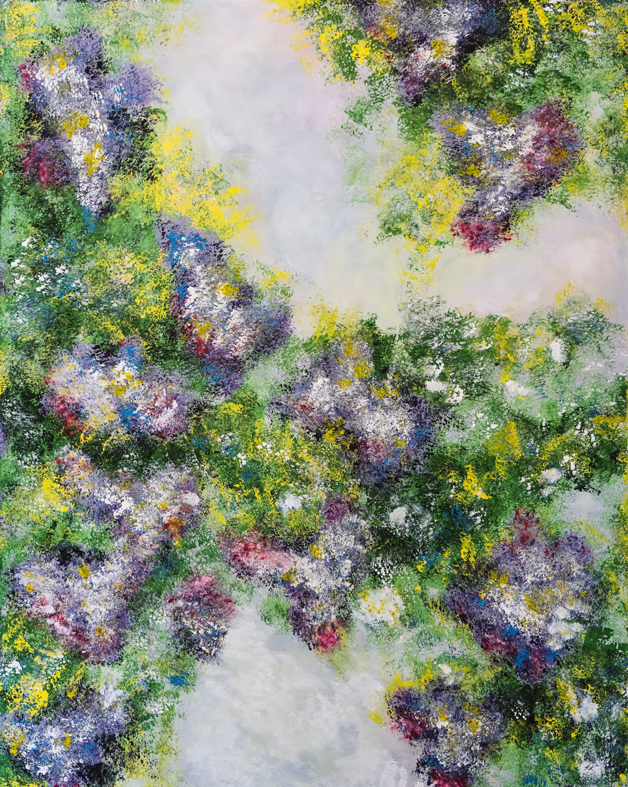 Lilac Dreams, an abstract acrylic painting with lilac, yellow, blue, and green forms
