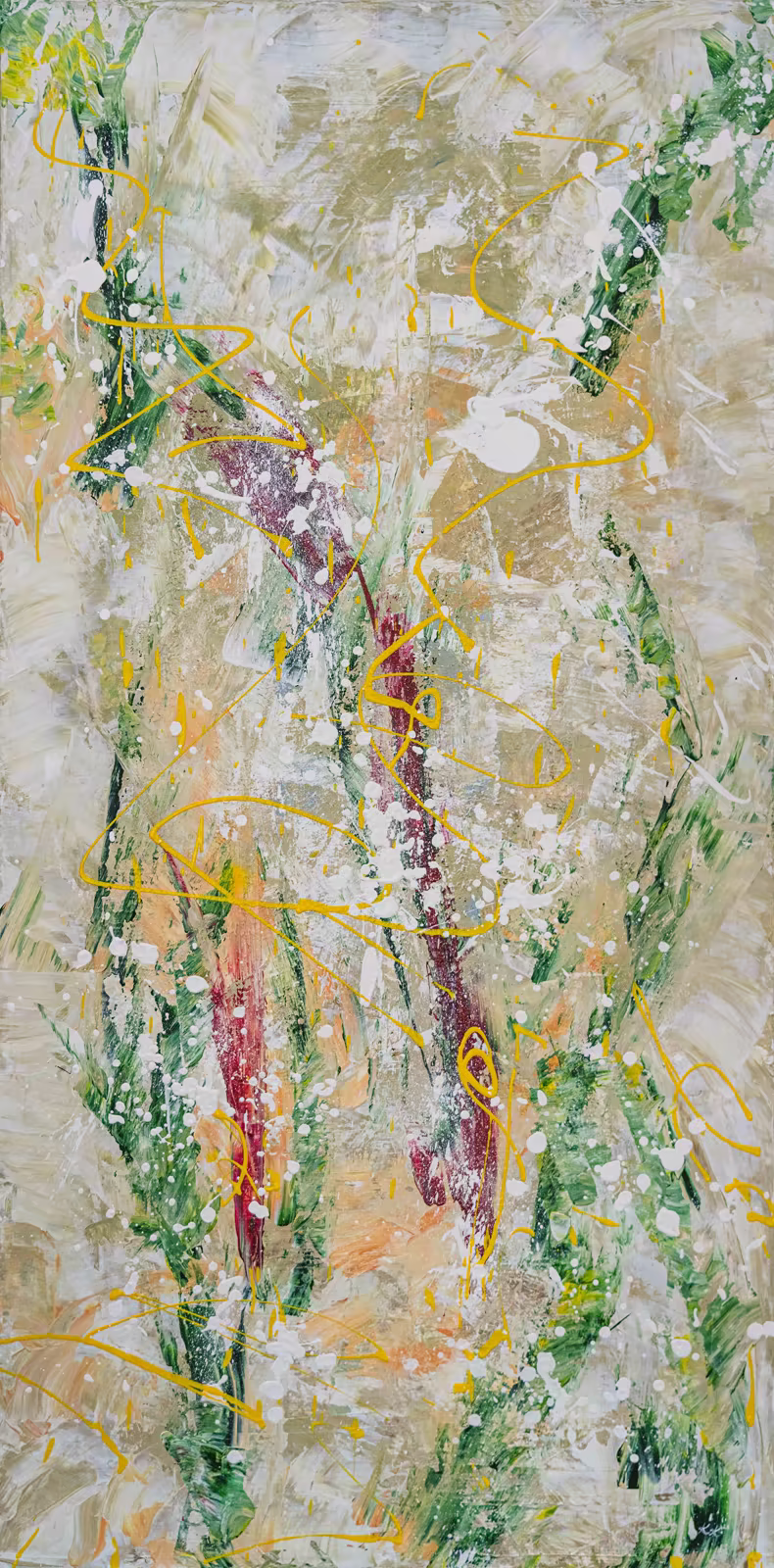 Jackson, an abstract acrylic painting with yellow lines over soft green, cream, and red