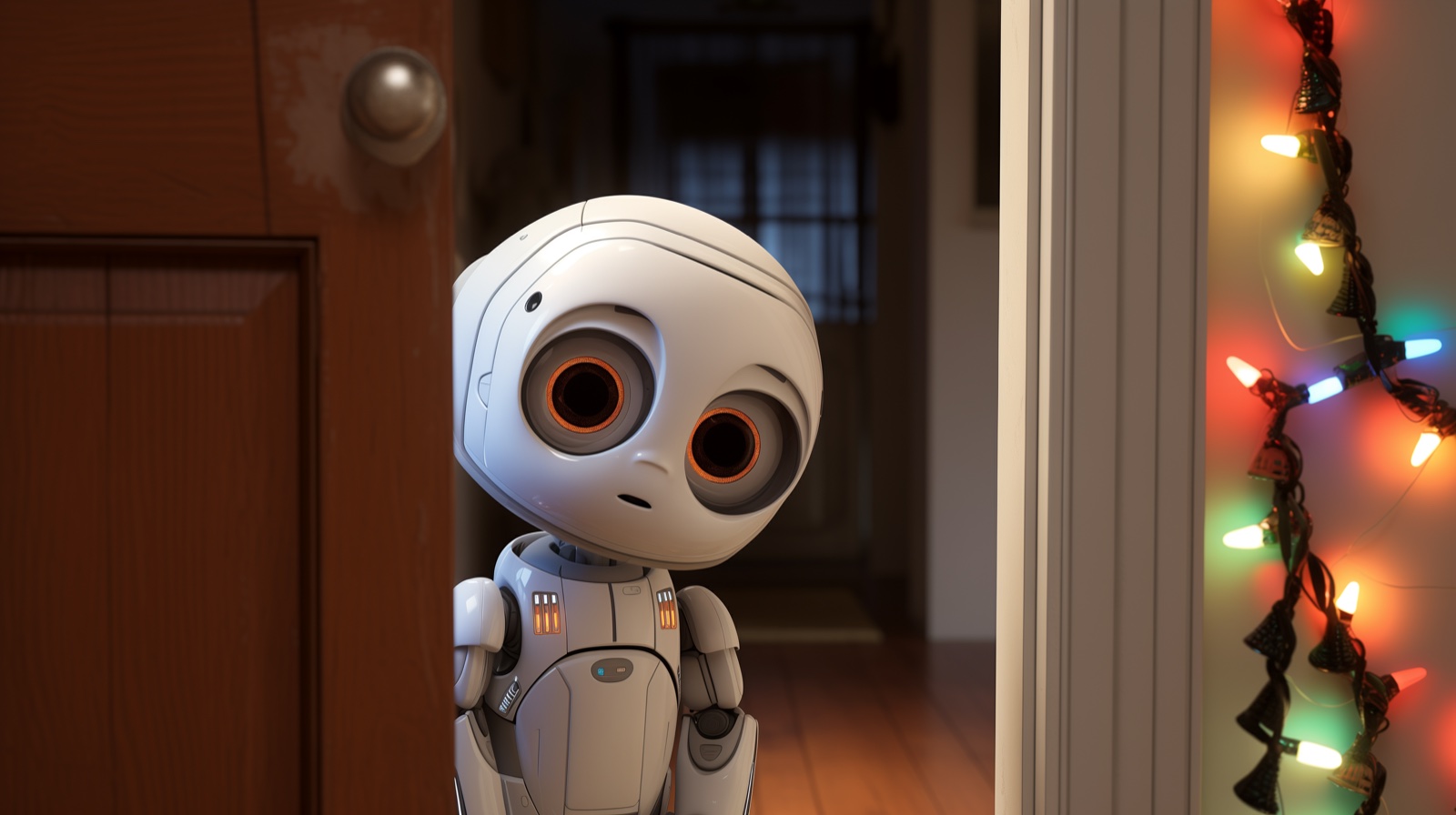 Artie, a small white robot, standing beside colorful Christmas lights