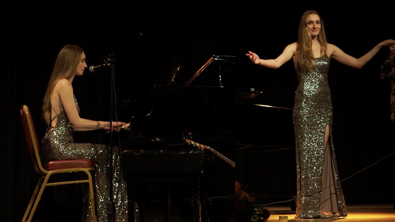 Katia Karpenko performing in concert, singing and playing piano